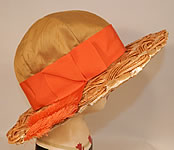 Vintage Schiaparelli Paris Yellow Orange Silk Woven Natural Straw Raffia Wide Brim Hat
