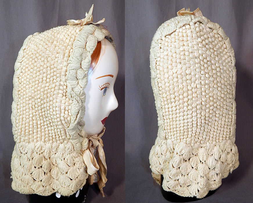 Victorian White Wool Hand Knit Nubby Crochet Winter Sled Carriage Bonnet
This women's winter bonnet hood would have been worn for travel in a sled or carriage and has a sun bonnet style with a long curtain cape ruffle back drape for warmth, drawstring gathering ties inside around the face and under the chin and is unlined.
