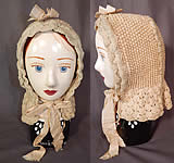 Victorian White Wool Hand Knit Nubby Crochet Winter Sled Carriage Bonnet

