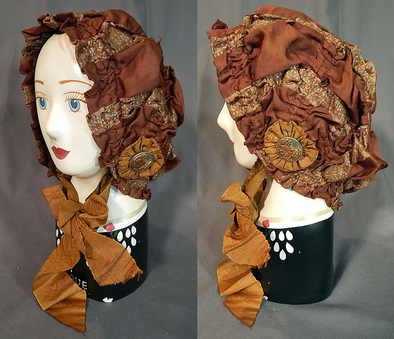 Victorian Brown Silk Ruched Ribbon Steel Cut Button Trim Carriage Bonnet Travel Cap Hat
This antique Victorian era brown silk ruched ribbon steel cut button trim carriage bonnet travel cap hat dates from 1890.
