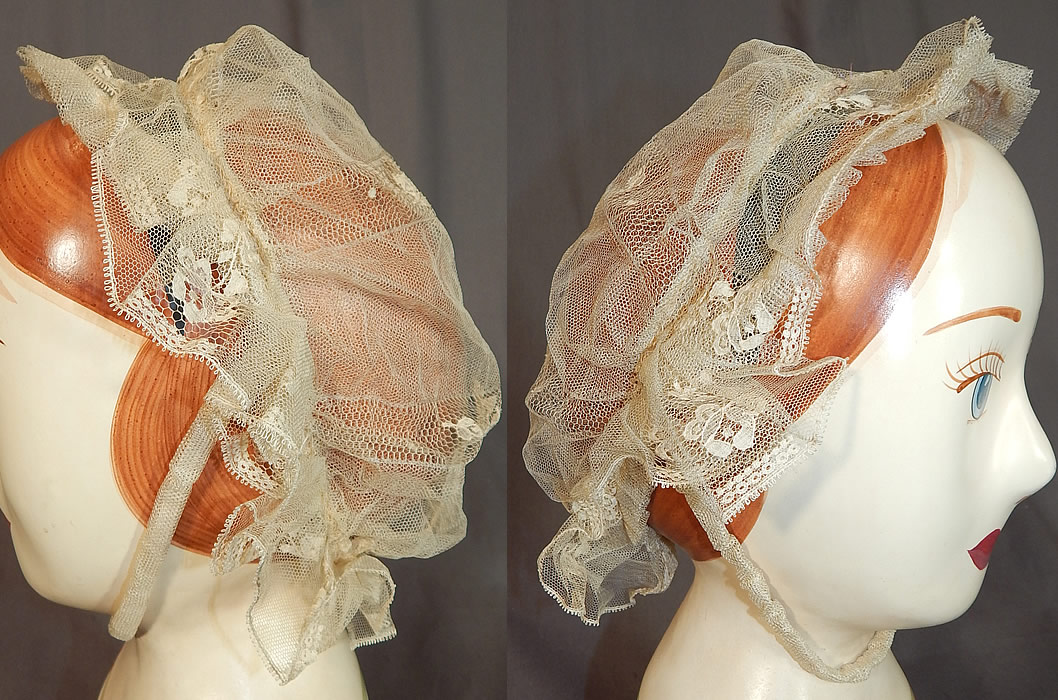 Victorian Civil War Era Antique Cream Net Lace Bed Cap Morning Bonnet Hat
This Victorian Civil War era antique cream net lace bed cap morning bonnet hat dates from the 1860s.