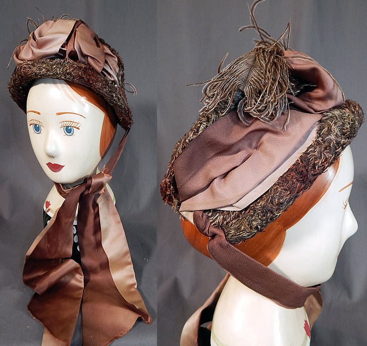 Victorian Ombre Taupe Mohair Chenille Silk Bow Feather Trim Bonnet Hat
This antique Victorian era ombre taupe mohair chenille silk bow feather trim bonnet hat dates from the 1880s. It is made of a unusual soft silk chenille mohair style fabric with varying ombre shades of brownish gray taupe colors, an ombre brown silk ribbon bow and gray feather trim on top. 
