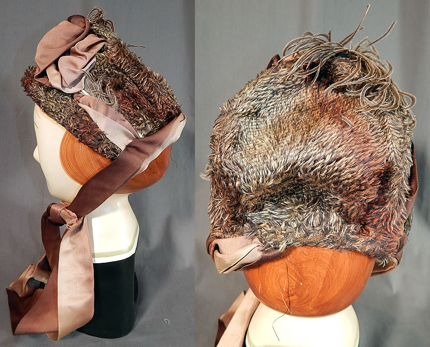 Victorian Ombre Taupe Mohair Chenille Silk Bow Feather Trim Bonnet Hat
This beautiful bonnet has two tone ombre ribbon ties for securing under the chin and is lined with a black silk fabric. The bonnet measures 16 inches around the front opening, 7 inches tall and 5 inches deep. 
