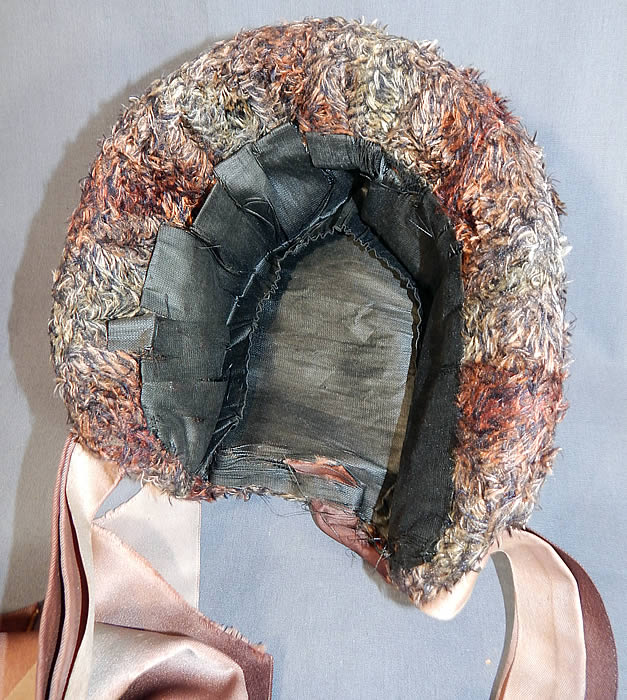 Victorian Ombre Taupe Mohair Chenille Silk Bow Feather Trim Bonnet Hat
It is in good condition, with some fraying of the black silk lining inside. This is truly a wonderful piece of wearable Victoriana millinery art!