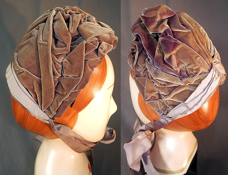 Victorian Purple Lavender Silk Velvet Ruched Gathered Small Half Bonnet Hat
This is truly a wonderful piece of wearable Victoriana millinery art!