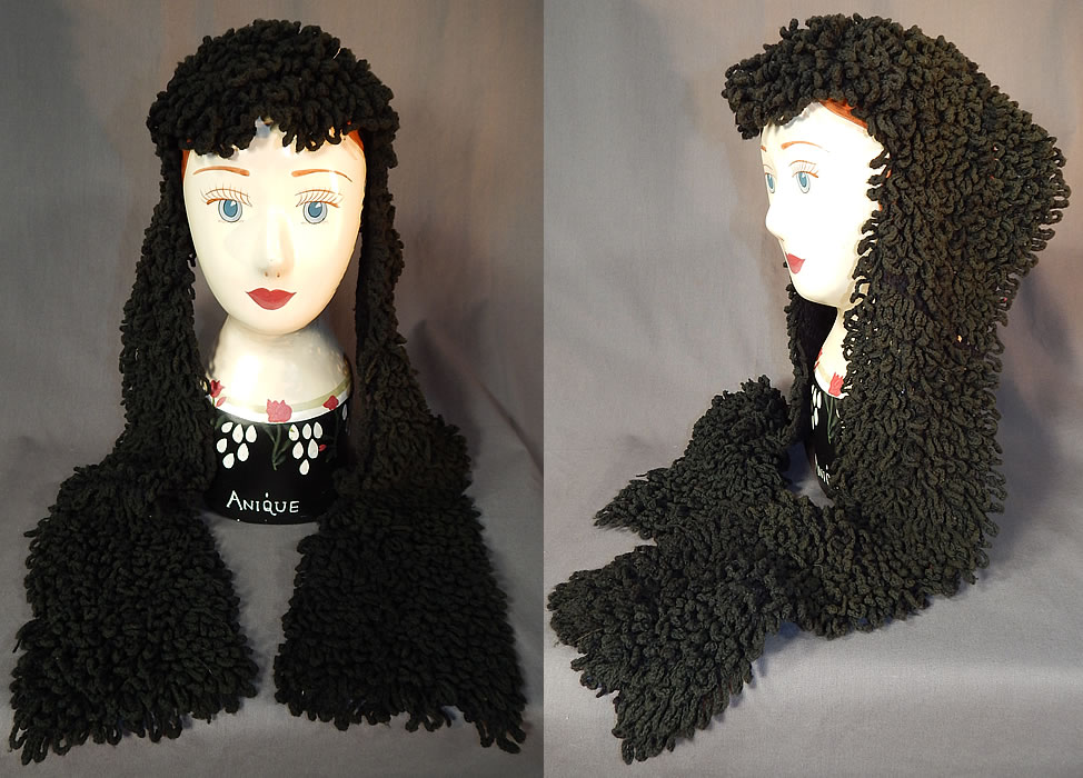 Victorian Black Boucle Looped Wool Hand Knit Winter Bonnet Lappet Scarf
This antique Victorian Civil War era black boucle looped wool hand knit winter bonnet lappet scarf headdress dates from the 1860s. It is made of a black hand knit boucle wool yarn, creating a looped curled texture.