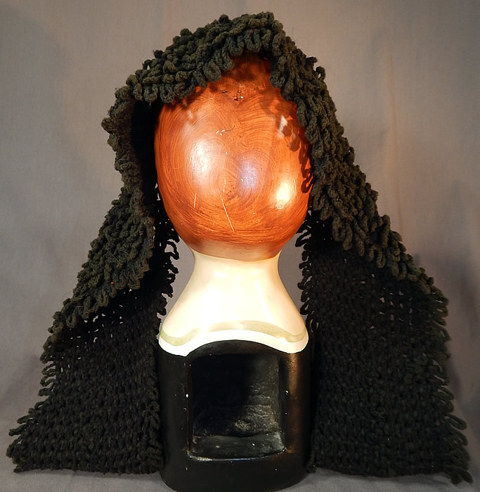 Victorian Black Boucle Looped Wool Hand Knit Winter Bonnet Lappet Scarf
The bonnet measures 53 inches long, 9 inches wide at the top and 4 inch wide lappets, which are 18 inches long on each side. 