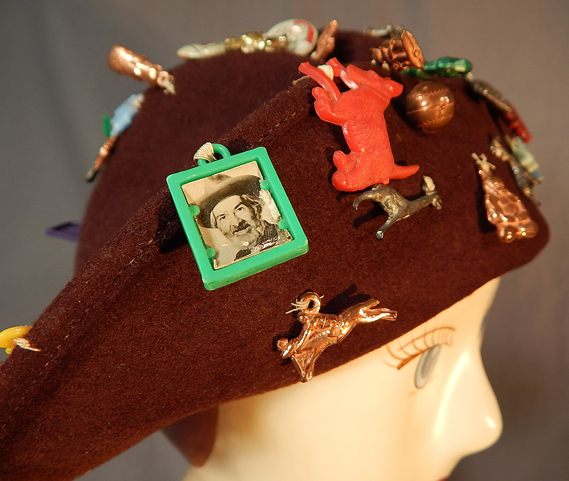 Vintage Cracker Jack Prize Toy Charms Pep Pins Roy Rogers Jane Russell Hat
This is truly a wonderful piece of wearable whimsical millinery art!