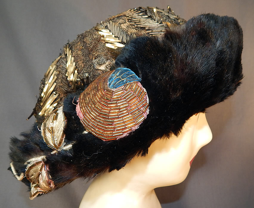 Titanic Edwardian Gold Lam&eacute; Lame Lace Beaded Fur Trim Toque Traveling Winter Hat
This antique Edwardian Titanic era gold lam&eacute; lace beaded fur trim toque traveling winter hat dates from 1912.