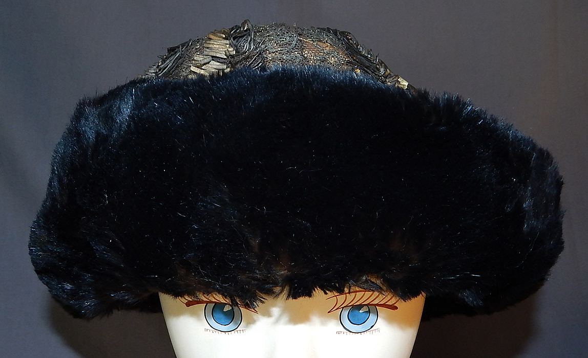 Titanic Edwardian Gold Lam&eacute; Lame Lace Beaded Fur Trim Toque Traveling Winter Hat
It is made of a sheer gold lam&eacute; lace, gold metallic bullion embroidered top crown, with blue velvet fabric and dark brownish black fur trim brim edging. 