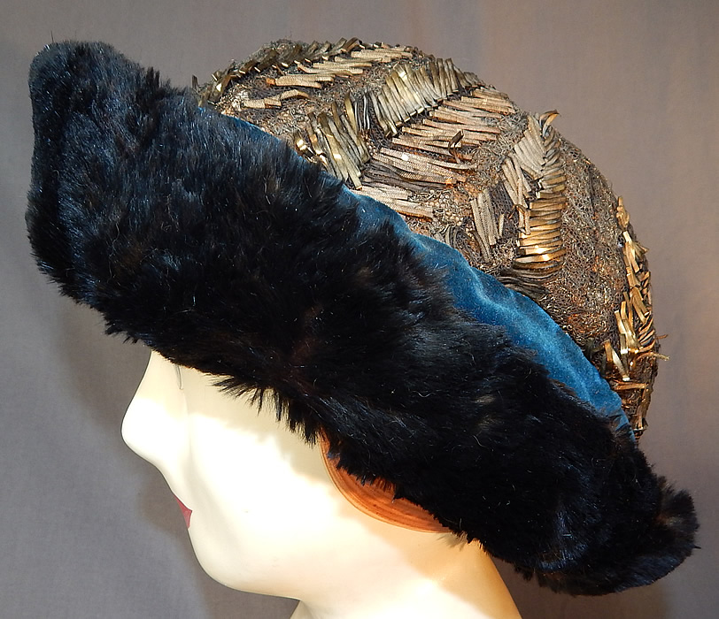 Titanic Edwardian Gold Lam&eacute; Lame Lace Beaded Fur Trim Toque Traveling Winter Hat
There is a gold beaded silk embroidered flower appliqu&eacute; trim sewn onto the side fur brim.