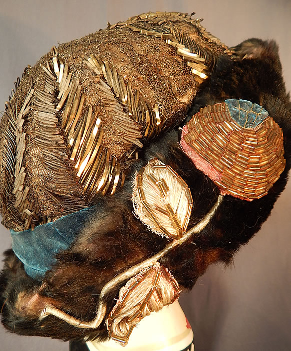 Titanic Edwardian Gold Lam&eacute; Lame Lace Beaded Fur Trim Toque Traveling Winter Hat
This wonderful winter brimless toque travel hat has a large rotund circular style and is fully lined in black silk fabric inside. 