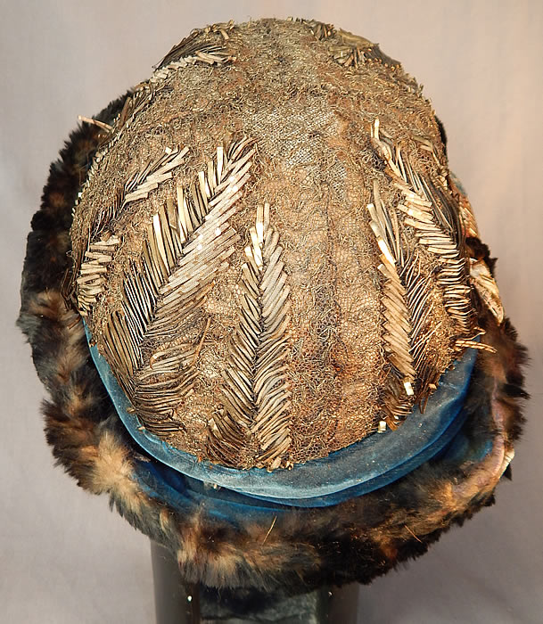 Titanic Edwardian Gold Lam&eacute; Lame Lace Beaded Fur Trim Toque Traveling Winter Hat
The hat measures 22 inches in circumference. 