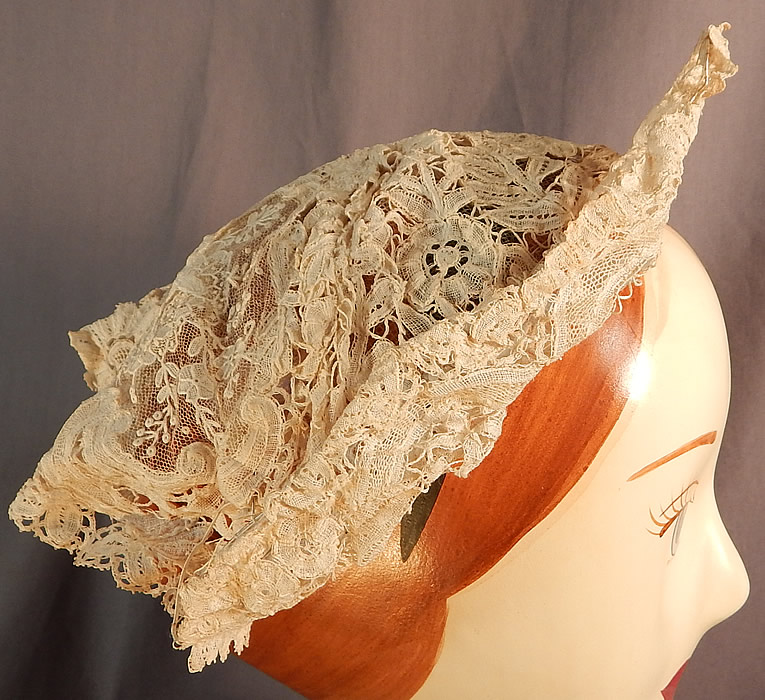 Antique Hand Made Brussels Point de Gaze Duchesse Bobbin Lace Bridal Wedding Hat
. It was created from antique lace and designed into a 1930s style headpiece. 