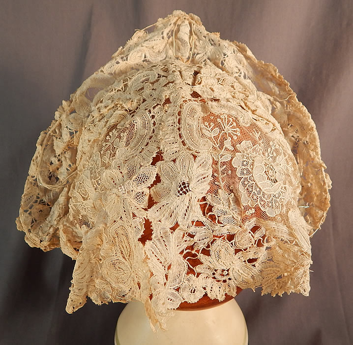 Antique Hand Made Brussels Point de Gaze Duchesse Bobbin Lace Bridal Wedding Hat
The cap measures 12 inches framing around the face, 9 inches long on the back drape and has a 2 inch wide front brim.