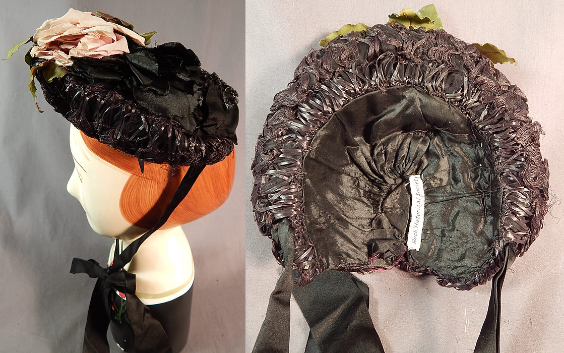 Victorian Woven Black Straw Pink Roses Jet Beaded Buckle Trim Bonnet Hat
There is a jet beaded buckle trim accent on the bottom back, missing a piece of the faceted glass insert inside. 