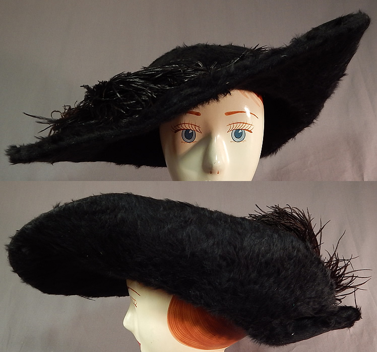 Edwardian Titanic Black Beaver Felt Fur Feather Large Wide Upturned Brim Tricorn Hat
This fabulous furry grand hat has a wide brim upturned along the sides creating a tricorn style and a large oversized round crown. 