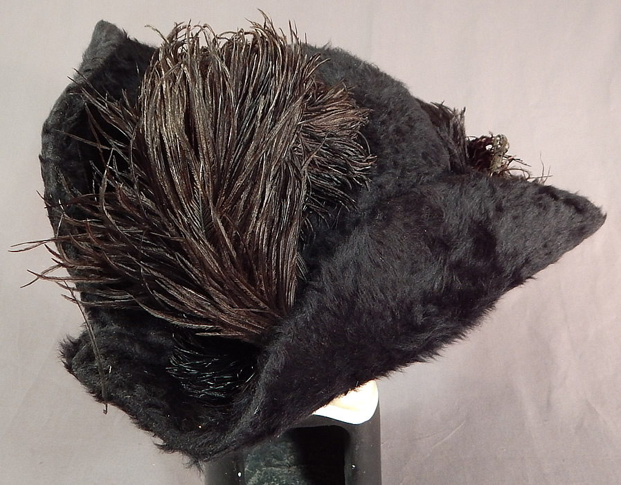 Edwardian Titanic Black Beaver Felt Fur Feather Large Wide Upturned Brim Tricorn Hat
The inside crown is unlined and would have sat atop a large full Gibson Girl style updo hairdo secured with long hat pins. 