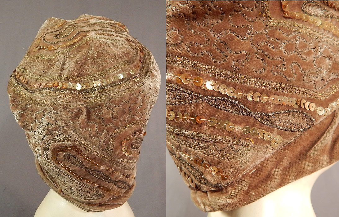 Vintage Art Deco Gold Lam&eacute; Embroidery Sequin Beaded Flapper Cloche Hat
It is in excellent condition. 