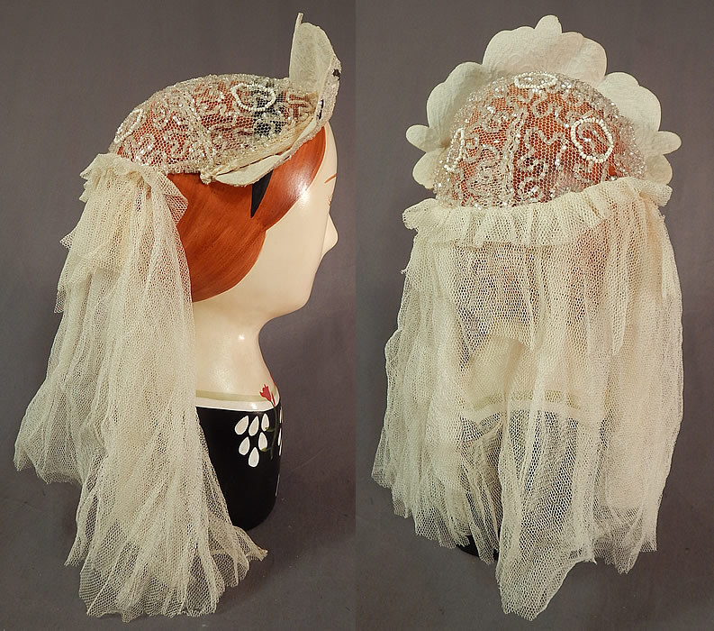 Vintage Rhinestone Beaded Tiara Crown Bridal Wedding Headpiece Juliet Cap
This beautiful bridal Juliet cap style wedding headpiece has a white sheer net mesh cap with crystal, white beading done in Art Deco spiraling circular designs and a tulle net short veil attached onto the back. 