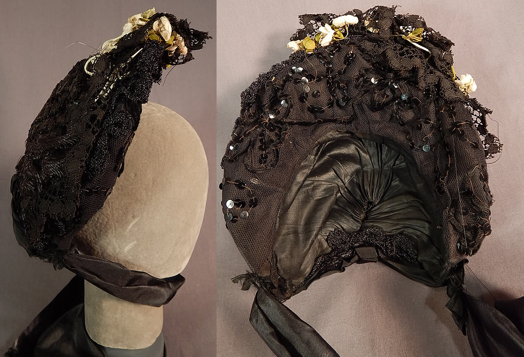 Victorian Woven Black Straw Lace Sequin White Flower Trim Bonnet Hat
This beautiful bonnet has a tall front brim framing the face, black silk ribbon ties for securing under the chin and is fully lined with a black silk fabric inside. The bonnet measures 10 inches tall, 9 inches wide, with a 6 inch wide inside crown.