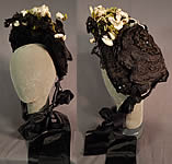 Victorian Woven Black Straw Lace Sequin White Flower Trim Bonnet Hat 
