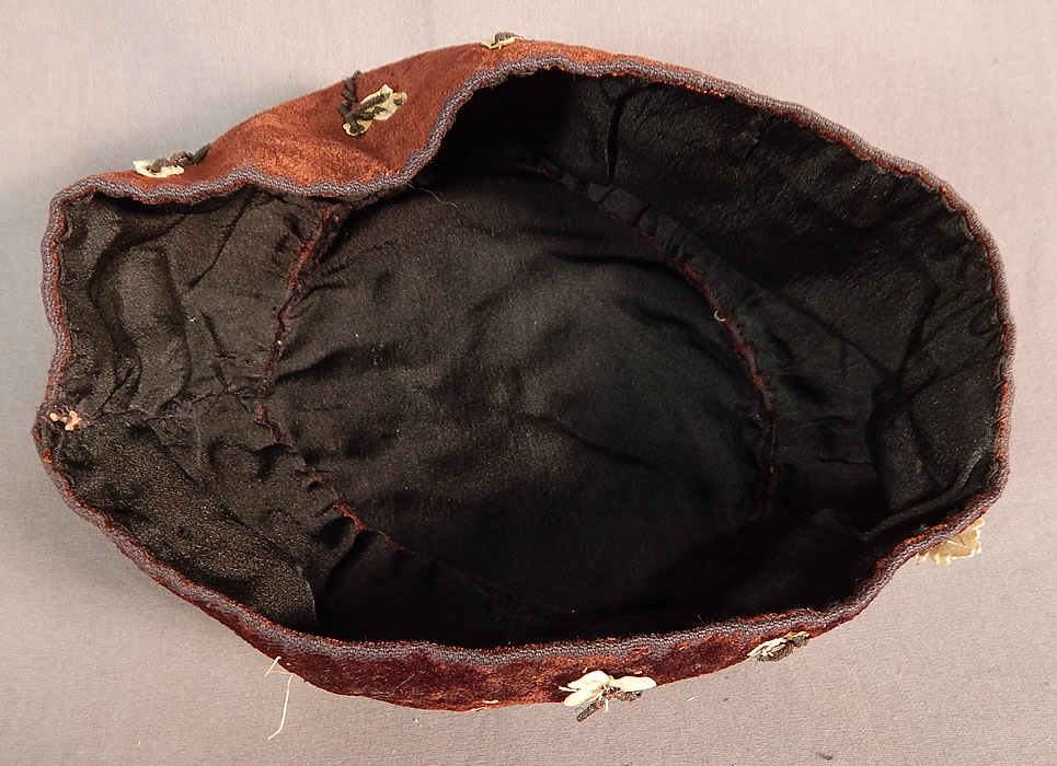 Victorian Gold Bullion Embroidered Brown Velvet Gentlemens Smoking Cap
The cap has been relined in a black silk rayon fabric inside. 