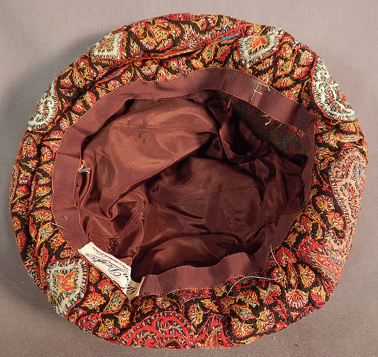 Vintage Lilian Deyber Antique Embroidered Kashmir Wool Paisley Turban Hat
The hat measures 21 inches in circumference inside. It is in good condition, with only the inside lining loose in areas. This is truly a wonderful piece of wearable millinery paisley textile art! 