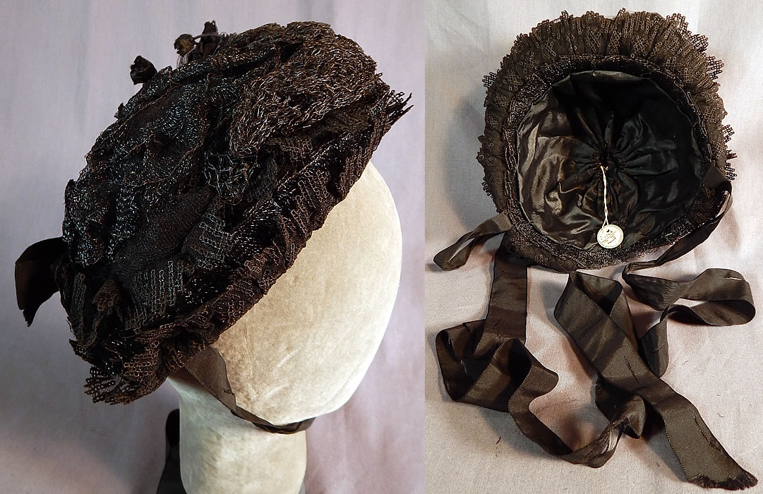Victorian Black Woven Straw Lace Net Flowers Full Mourning Bonnet Hat
This beautiful all black full mourning bonnet hat has black silk ribbon ties for securing under the chin, is fully lined with a black silk fabric and is a museum deaccession piece from the Rochester Historical Society.