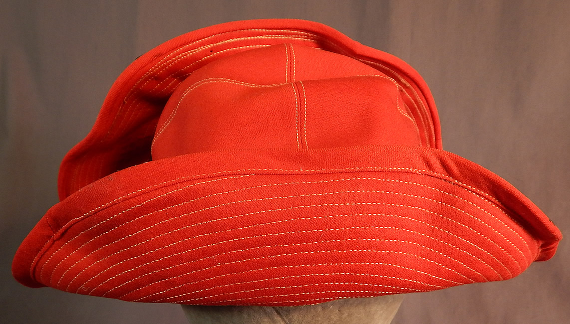 Vintage Victor Girls Red Wool White Stitched Black Bow Trim Bicorn Breton Hat
This is truly a wonderful piece of wearable textile millinery art! 