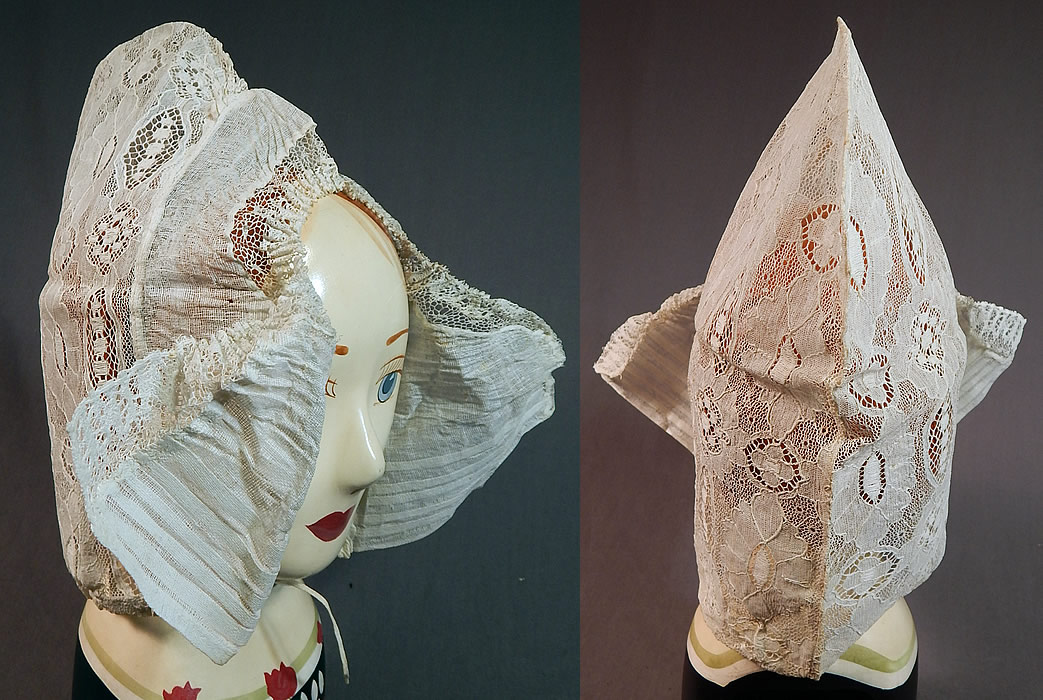 Vintage Antique Womens White Lace Dutch Folk Costume Bonnet Cap Hat
This traditional regional ethnic European Dutch folk costume cap bonnet has a triangle shape with winged flaps that turn up on either side, an adjustable drawstring tie chin strap and is sheer, unlined.