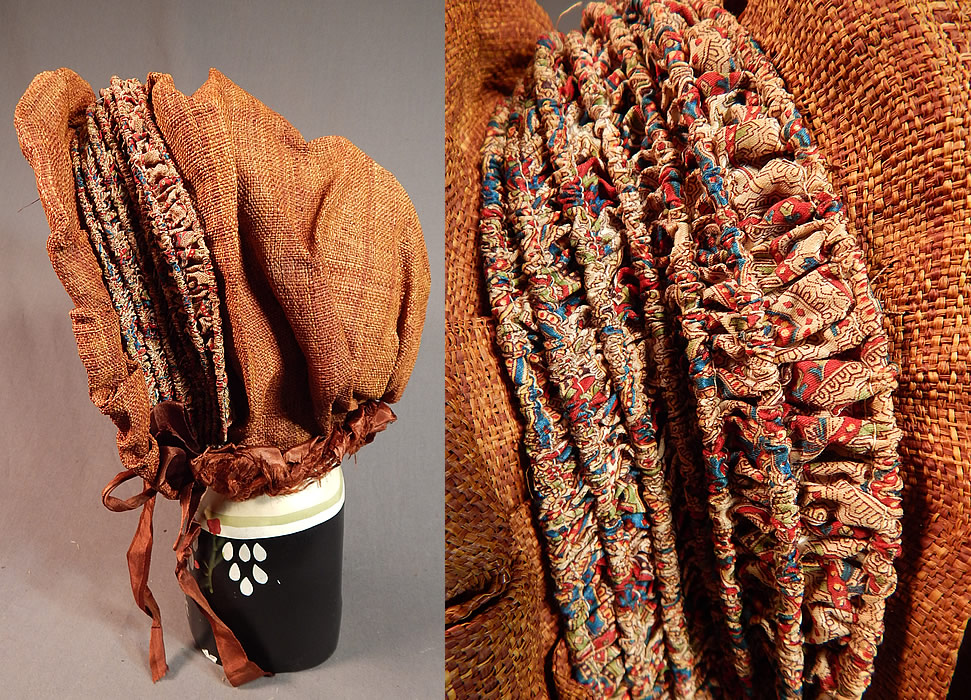 Victorian Woven Brown Straw Chintz Fabric Trim Calash Sun Bonnet Hood Hat
This beautiful bonnet has a calash sunbonnet hood hat style perfect for protecting ones hairdo while traveling, with a ruched gathered brim, brown silk fabric curtain cape flounced drape back, silk ribbon ties for securing under the chin and is unlined with only remnants of a brown buckram stiffened linen cloth fabric remaining inside. 