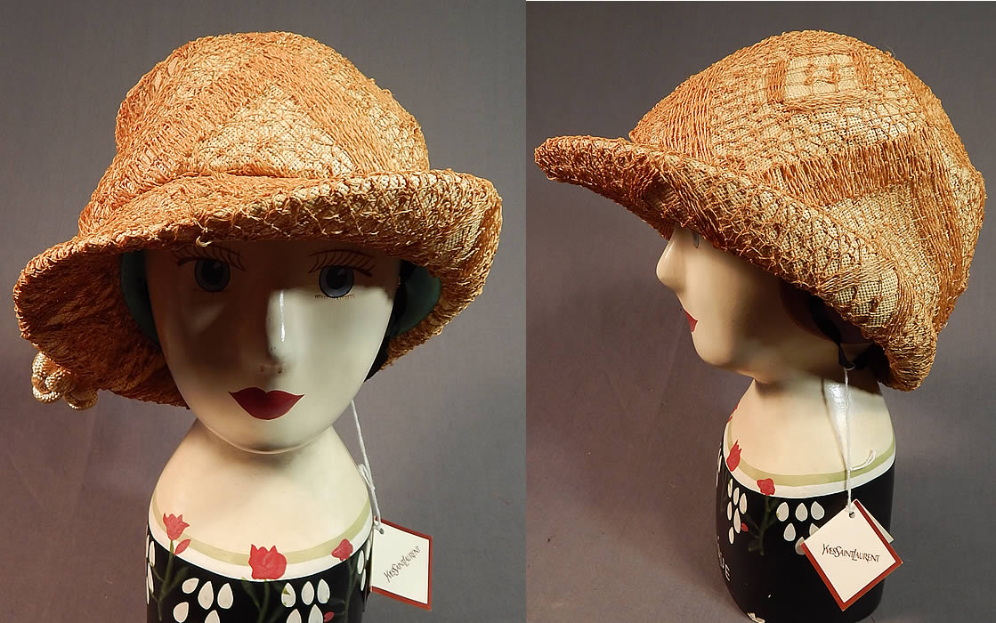 Vintage Yves Saint Laurent YSL Designer Label Macrame Woven Natural Straw Cloche Hat NWT
This sensational straw hat has a cloche style, with an upturned rolled wide brim on one side, a cream silk braided rope knotted end tassel trim hanging down and is unlined with a black elastic strap inside.
