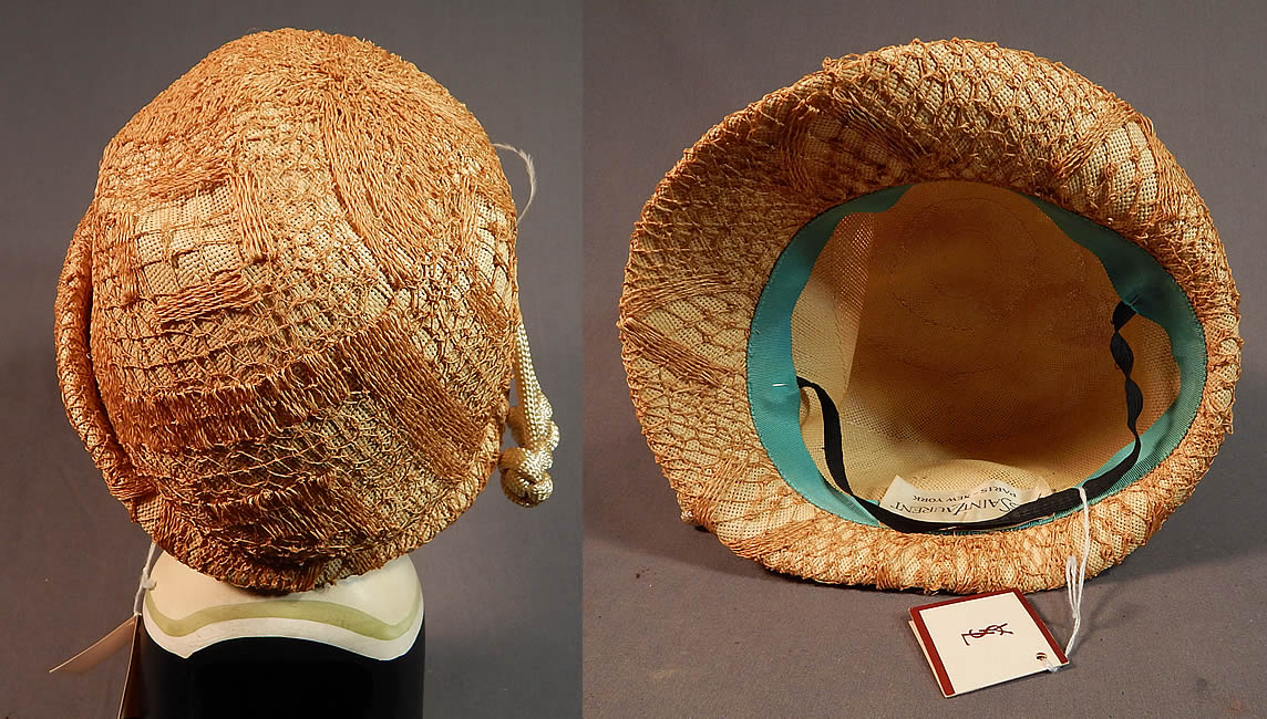 Vintage Yves Saint Laurent YSL Designer Label Macrame Woven Natural Straw Cloche Hat NWT
There is a "Yves Saint Laurent Paris-New York" designer label sewn inside and the original YSL paper tag attached. The hat measures 21 1/2 inches inside crown circumference. 