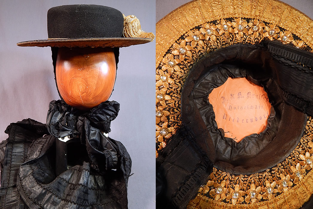 Antique Gold Bullion Embroidered Tracht Bavarian German Austrian Folk Costume Hat
This early European tracht traditional Bavarian, German, Austrian folk costume hat has a wide brim boater style with a low round crown and is fully lined.
