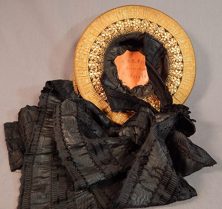 Antique Gold Bullion Embroidered Tracht Bavarian German Austrian Folk Costume Hat
The hat measures 34 inches in circumference around the outer brim, 17 inches inside crown circumference and 10 1/2 inches wide across the brim.