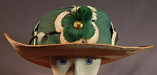 Vintage M. H. Loach Natural Straw Green Ribbon Feather Rosette Wide Brim Hat
