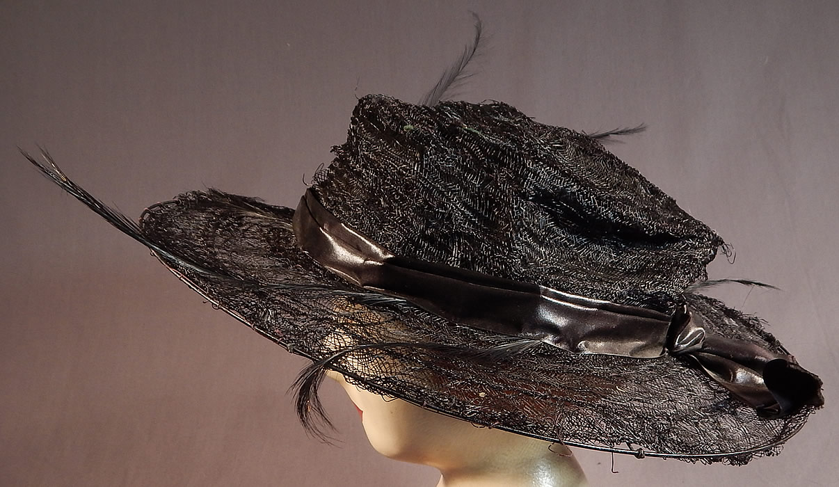 Edwardian Black Woven Horse Hair Crinoline Feather Trim Wired Wide Brim Hat
