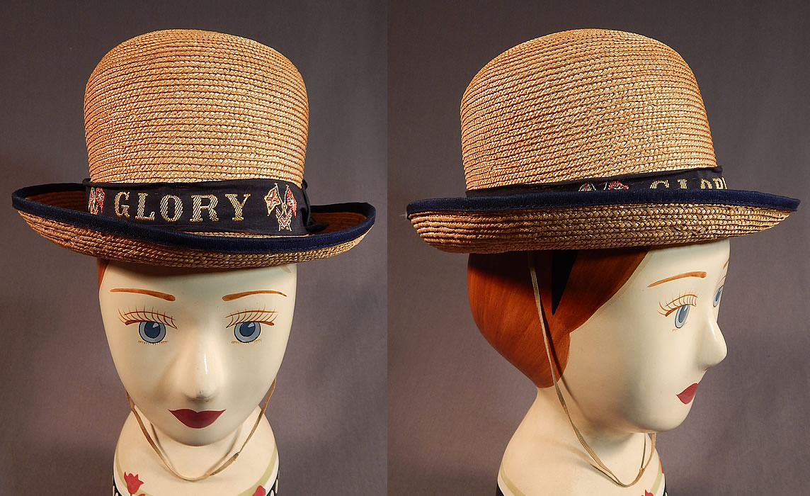 Vintage WWI Womens Natural Straw Australian Flag Glory Derby Bowler Hat
This dashing dapper derby women's bowler style hat has a high rounded crown, a small rolled brim trimmed around the edging in a navy blue silk grosgrain, a strap attached underneath for securing onto the head and is lined inside with white paper, cotton fabric. 