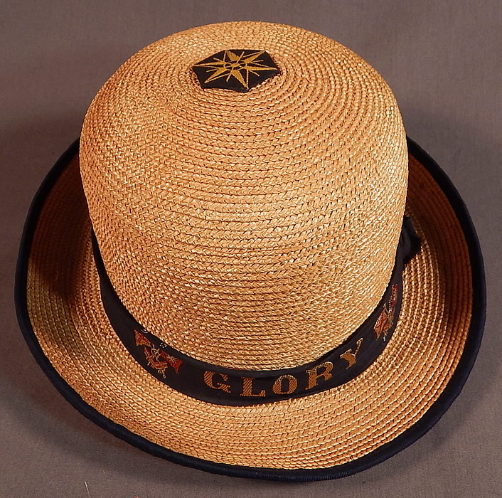 Vintage WWI Womens Natural Straw Australian Flag Glory Derby Bowler Hat
This is truly a rare and wonderful piece of Australian military historical wearable millinery art! 