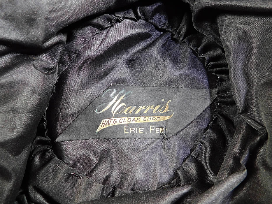 Vintage Harris Hat & Cloak Shop Orange Black Velvet Winged Wide Brim Cloche
It is fully lined with a black silk fabric and "Harris Hat & Cloak Shop Erie, PEN." label inside. 