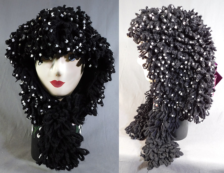 Victorian White Beaded Black Boucle Looped Knit Wool Winter Carriage Bonnet Hat
It is made of a black hand knit boucle wool yarn, creating a looped curled texture, accented with white beading. 