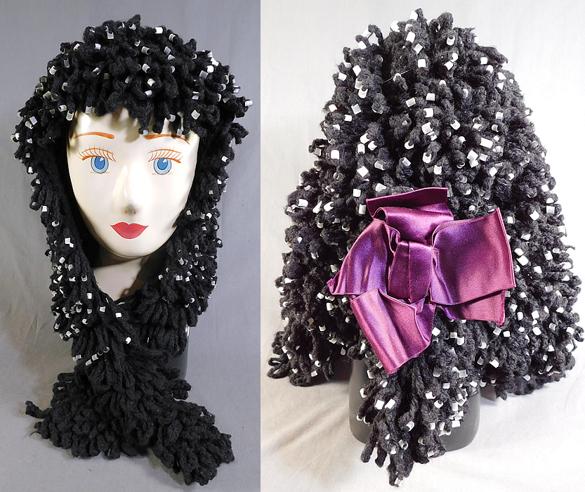 Victorian White Beaded Black Boucle Looped Knit Wool Winter Carriage Bonnet Hat
This unique women's winter bonnet hood headdress would have been worn for travel in a sled or carriage and has a head scarf style with long lappet end ties, a triangle shape top covering the head with back bottom gathering along the curtain drape, a purple silk ribbon bow trim on the bottom back and is unlined. 