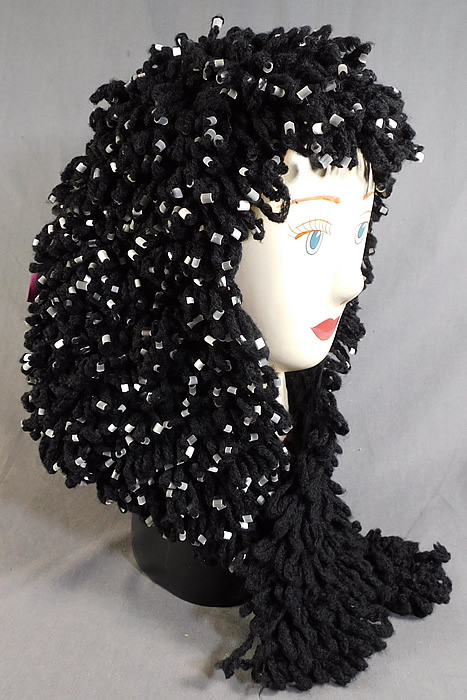 Victorian White Beaded Black Boucle Looped Knit Wool Winter Carriage Bonnet Hat
This antique Victorian Civil War era white beaded black boucle looped knit wool winter carriage bonnet hat dates from the 1860s.