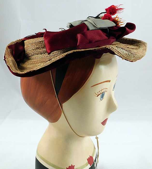 Victorian Womens Natural Straw Pork Pie Wide Brim Bonnet Hat Ribbon Thistle Trim
The hat measures 9 1/2 by 9 1/2 inches and 16 inches inside crown circumference. 