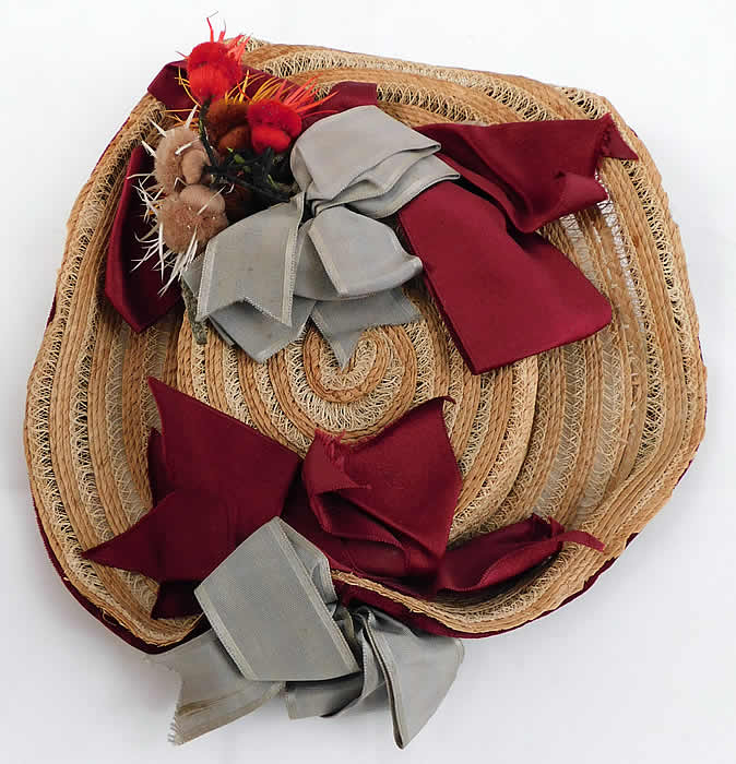 Victorian Womens Natural Straw Pork Pie Wide Brim Bonnet Hat Ribbon Thistle Trim
This antique Victorian era womens natural straw pork pie wide brim bonnet hat ribbon thistle trim dates from 1865. 