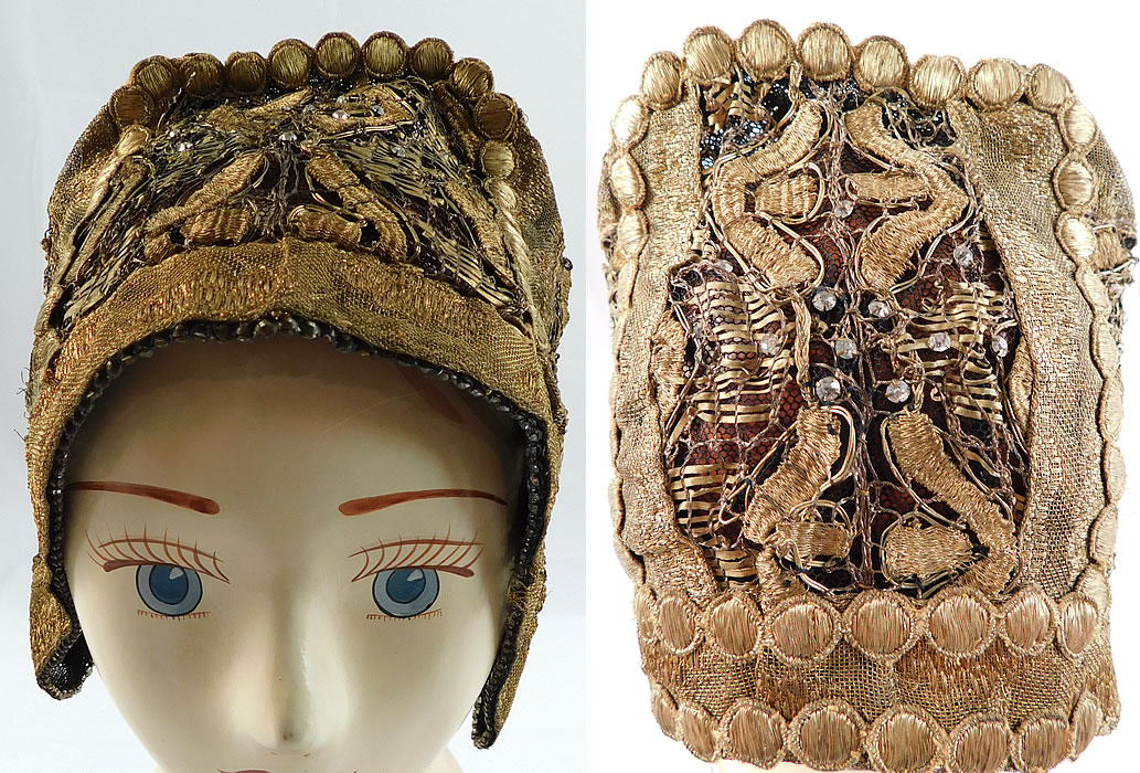 Antique Gold Lame Lace Rhinestones Bavarian German Folk Bonnet Goldhaube Hat
This antique gold lame lace rhinestones Bavarian German folk bonnet Goldhaube hat dates from the late 19th century. It is made of a gold bullion metal thread woven lame fabric, lace and rhinestone beaded trim accents.