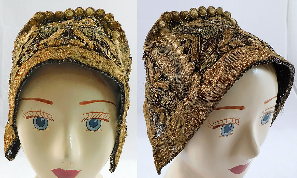 Antique Gold Lame Lace Rhinestones Bavarian German Folk Bonnet Goldhaube Hat
This early European Goldhaube, Bodenhaube, haube hood headdress cap bonnet was the traditional tracht German folk costume worn by the women of the Bavarian region of Munich 