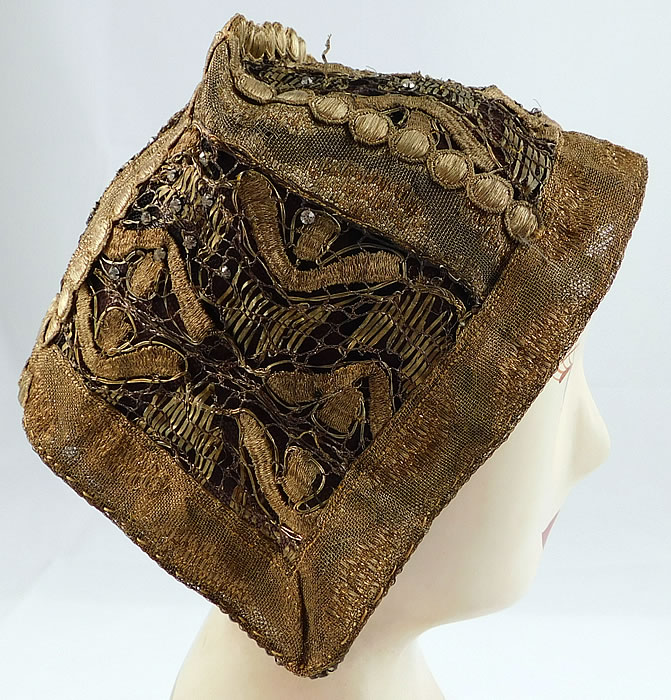Antique Gold Lame Lace Rhinestones Bavarian German Folk Bonnet Goldhaube Hat
The cap measures 14 1/2 inches wide when laying flat and is 5 inches deep.