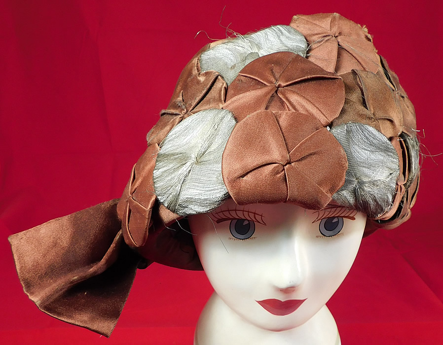 Vintage Fashion Hat Art Deco Brown Silk Silver Lame Rosette Flapper Cloche
